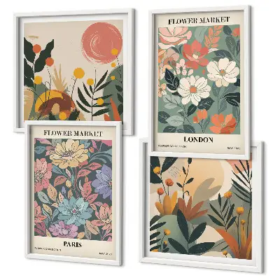 Tavelvägg med 4 blommiga posters motiv från Paris och London