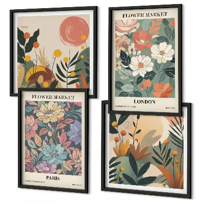 Tavelvägg med 4 blommiga posters motiv från Paris och London