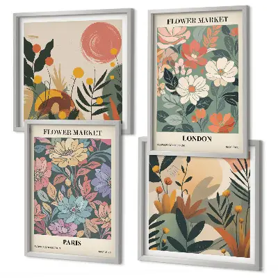 Tavelvägg med 4 blommiga posters motiv från Paris och London