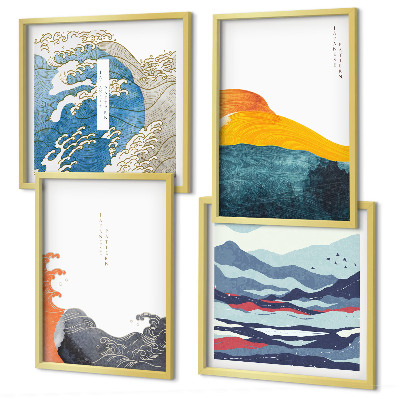 Tavelvägg med 4 tavlor Vågor japansk konstgrafik