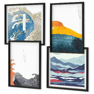 Tavelvägg med 4 tavlor Vågor japansk konstgrafik