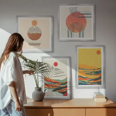 Set med 4 tavlor färgglada mönster med motiv av Japandi-flodens berg