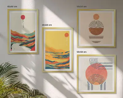 Set med 4 tavlor färgglada mönster med motiv av Japandi-flodens berg