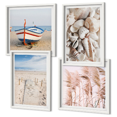 Tavelvägg ovanför soffa Strandbåtsskal gräs boho