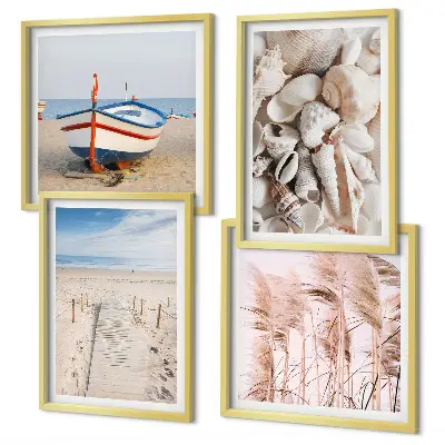 Tavelvägg för soffa med motiv av strandbåtar, snäckor och gräs i boho-stil