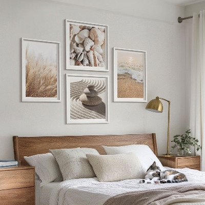 Tavelvägg med 4 tavlor Strandmotiv snäckor vågor