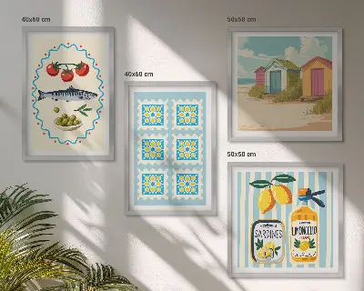 Illustrationer av medelhavsmat set om 4 tavlor