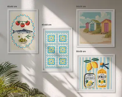 Illustrationer av medelhavsmat set om 4 tavlor