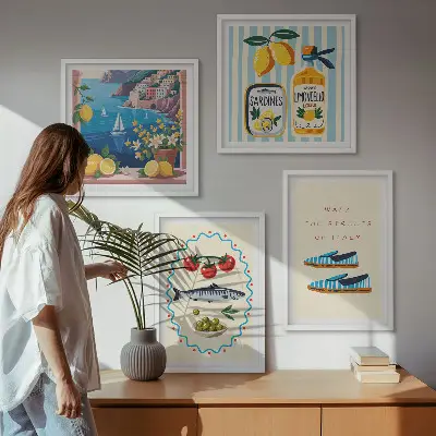 Tavelvägg med 4 tavlor med färgglada bilder på italienska smaker