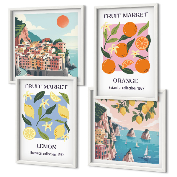 Tavelvägg med 4 tavlor Fruktposters citroner apelsiner