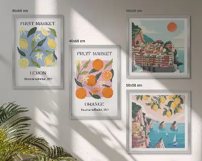 Tavelvägg med 4 tavlor med motiv av citroner och apelsiner