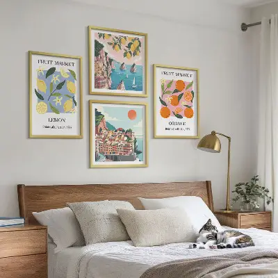 Tavelvägg med 4 tavlor med motiv av citroner och apelsiner
