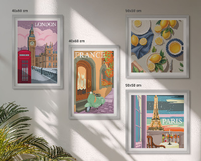 Tavelvägg ovanför soffa Stadsbilder Paris London Frankrike