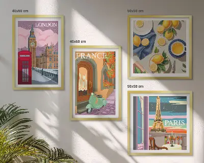 Tavelvägg med stadsbilder motiv från Paris och London