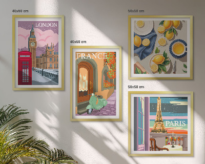 Tavelvägg ovanför soffa Stadsbilder Paris London Frankrike