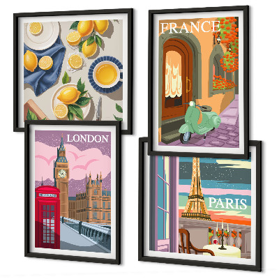 Tavelvägg ovanför soffa Stadsbilder Paris London Frankrike