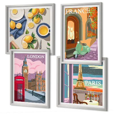 Tavelvägg ovanför soffa Stadsbilder Paris London Frankrike