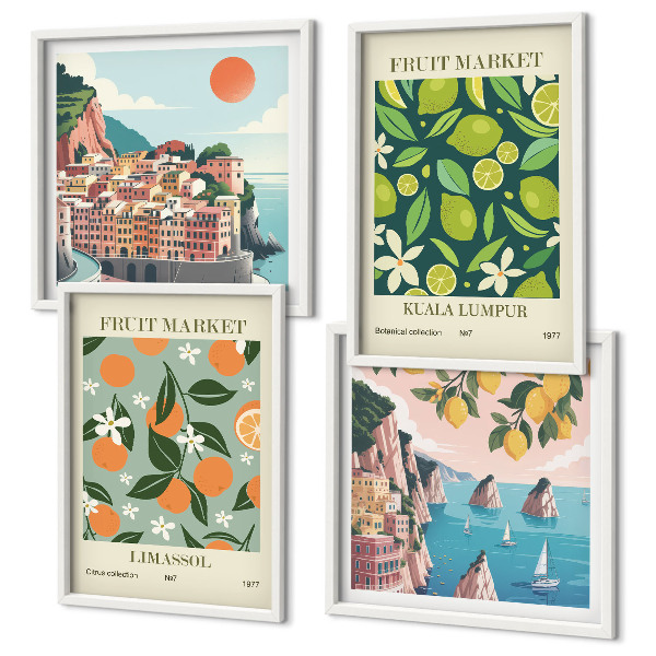 Set om 4 tavlor Fruktmönster vintage affischer