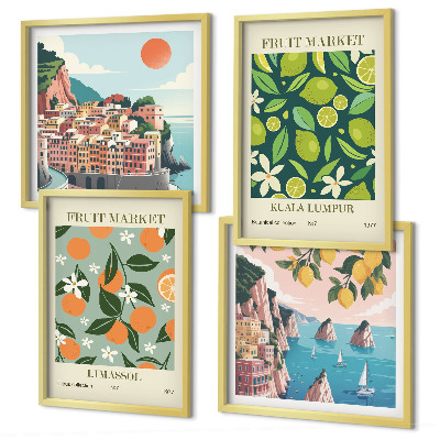 Set om 4 tavlor Fruktmönster vintage affischer