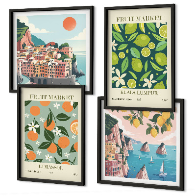 Set om 4 tavlor Fruktmönster vintage affischer