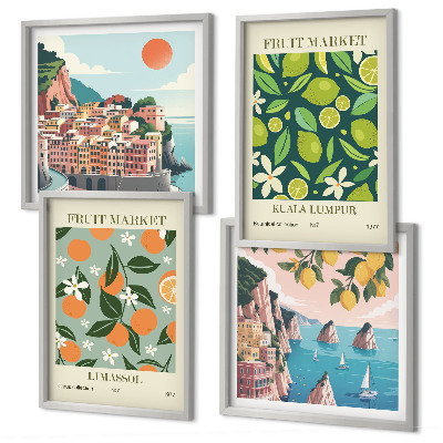 Set om 4 tavlor Fruktmönster vintage affischer