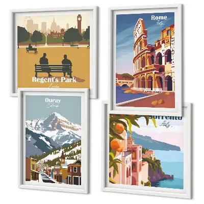 Tavelvägg med 4 tavlor retroillustrationer av kända platser