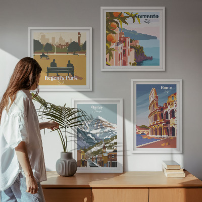 Tavelvägg med 4 tavlor Retro illustrationer av kända platser