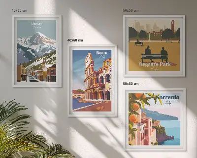 Tavelvägg med 4 tavlor retroillustrationer av kända platser