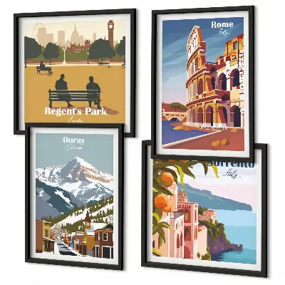 Tavelvägg med 4 tavlor retroillustrationer av kända platser