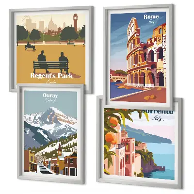 Tavelvägg med 4 tavlor retroillustrationer av kända platser
