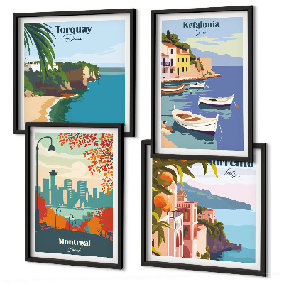Tavelvägg ovanför soffa Retrovyer av städer runt om i världen