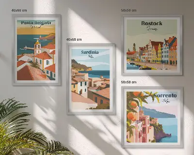 Tavelvägg Utsikt över europeiska hamnar med 4 tavlor