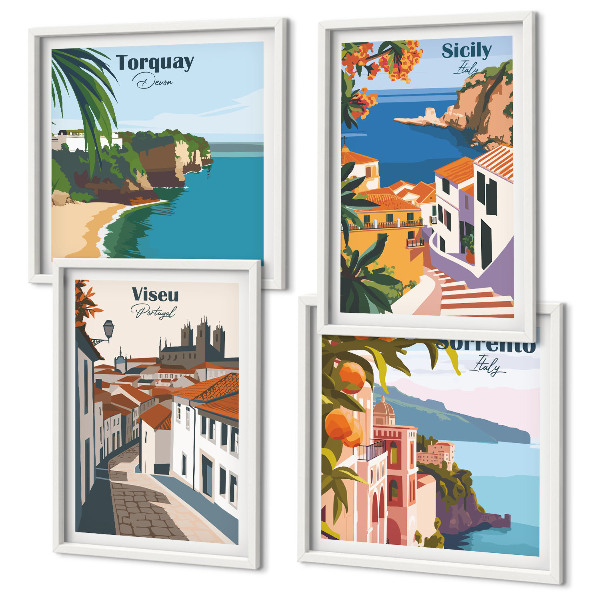 Set om 4 tavlor Retro illustrationer av världens städer