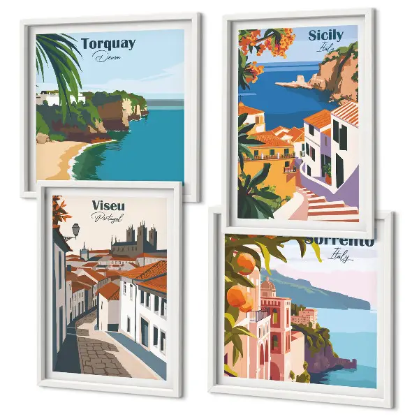 Retro illustrationer av världens städer set om 4 tavlor
