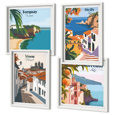 Set om 4 tavlor Retro illustrationer av världens städer