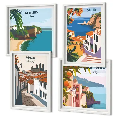 Retro illustrationer av världens städer set om 4 tavlor