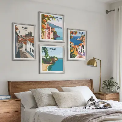 Retro illustrationer av världens städer set om 4 tavlor