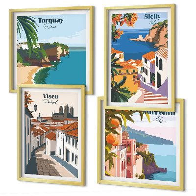 Set om 4 tavlor Retro illustrationer av världens städer