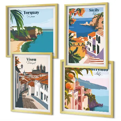 Retro illustrationer av världens städer set om 4 tavlor