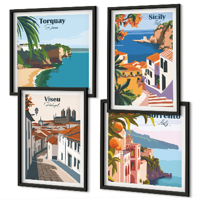 Set om 4 tavlor Retro illustrationer av världens städer