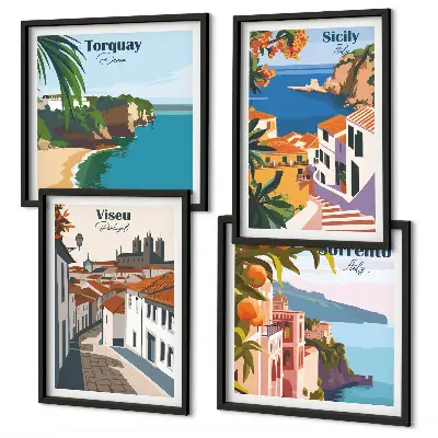 Retro illustrationer av världens städer set om 4 tavlor