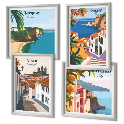 Set om 4 tavlor Retro illustrationer av världens städer