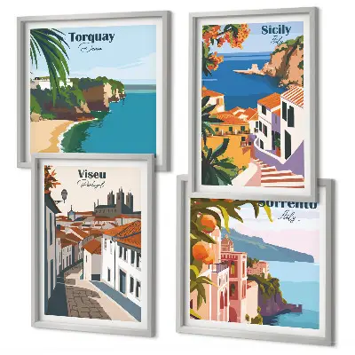 Retro illustrationer av världens städer set om 4 tavlor