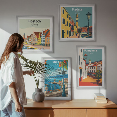 Tavelvägg med 4 tavlor Retro stadsillustrationer