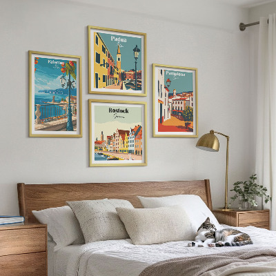 Tavelvägg med 4 tavlor Retro stadsillustrationer