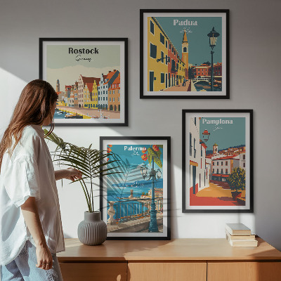 Tavelvägg med 4 tavlor Retro stadsillustrationer
