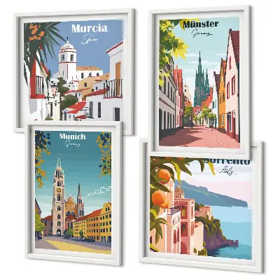 Tavelvägg med europeiska städer färgillustrationer ovanför soffa