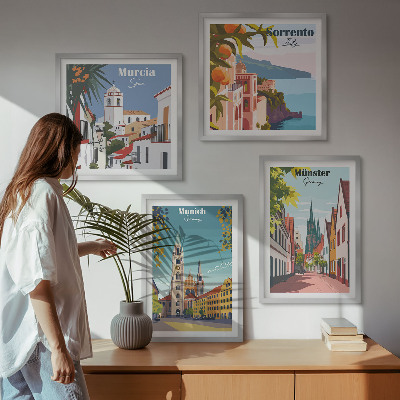 Tavelvägg ovanför soffa Europeiska städer i färgillustrationer