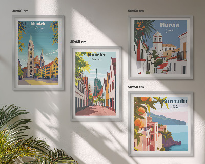 Tavelvägg ovanför soffa Europeiska städer i färgillustrationer