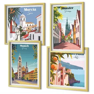 Tavelvägg med europeiska städer färgillustrationer ovanför soffa